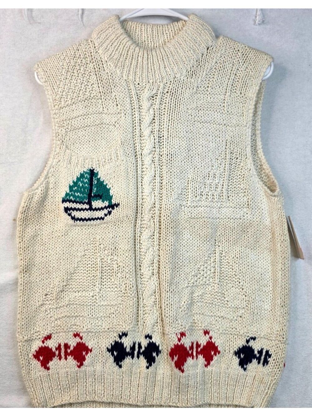 Vintage 80s Woolrich Nautical Fish Handknit Vest S Cream Chunky Pullover Coastal